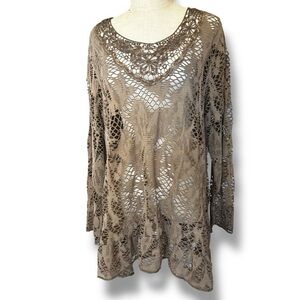 COLLEEN LOPEZ Crochet Knit Openwork Tunic Top Taupe